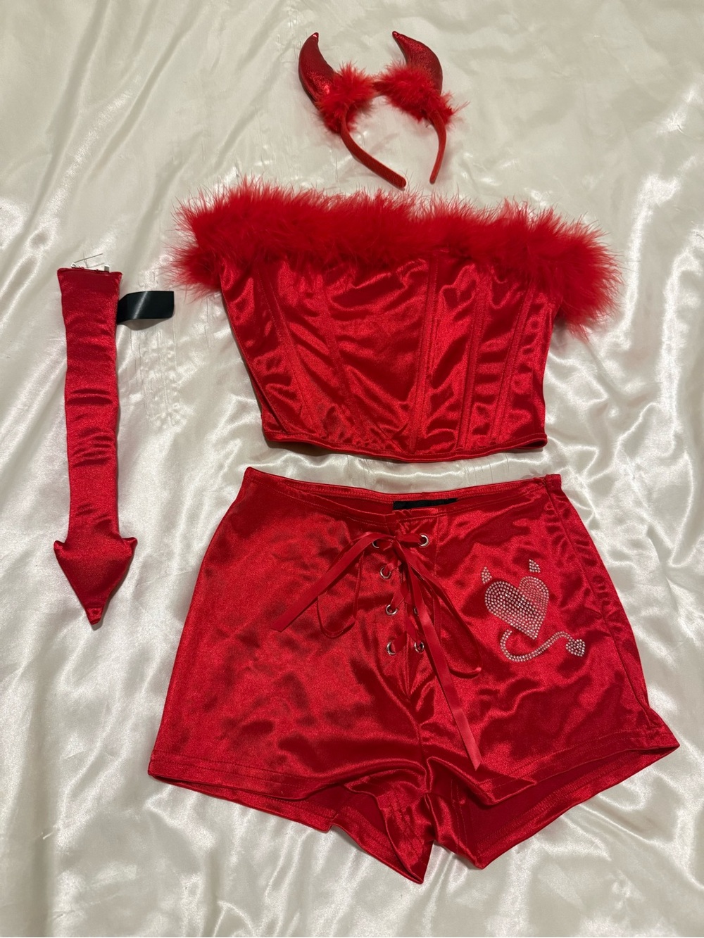 Red Feather-Trim Strapless Bandeau Set with Lace-Up Shorts